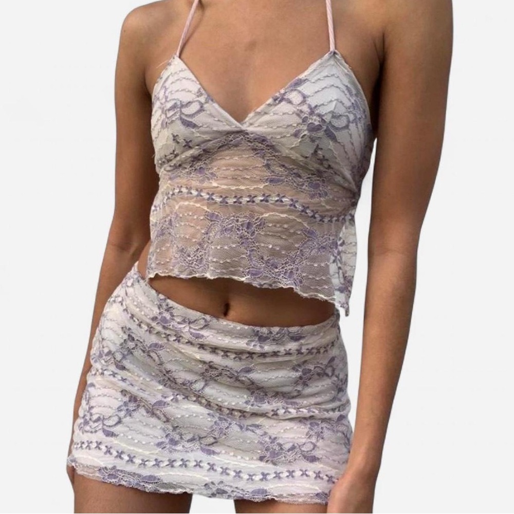 Lace Halter Top and Skirt Set - Cream and Purple